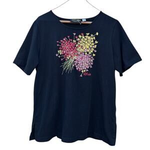 Bob Mackie Embroidered T-Shirt Black Pink Yellow Floral Tee size Medium Boho Top